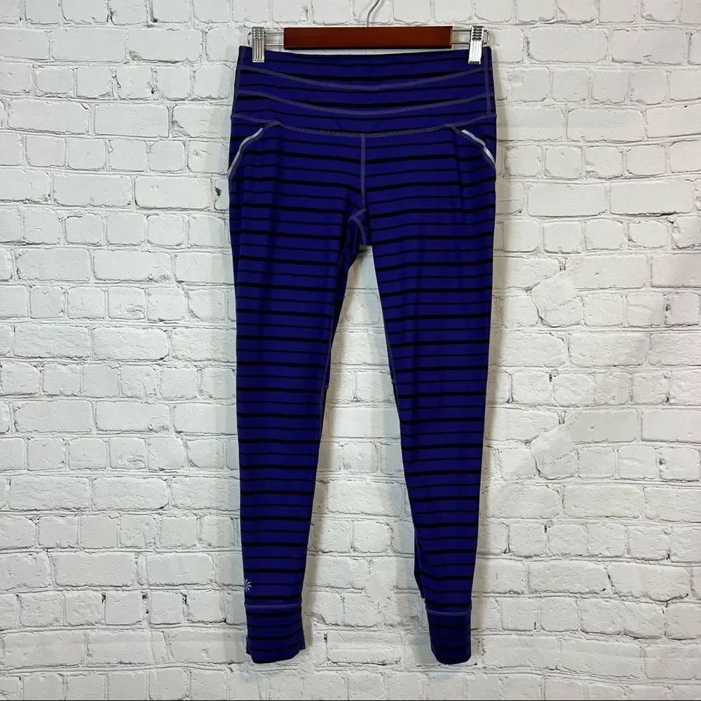 Athleta Small Relay Tights, Purple Black Stripe, Mesh, Ruching, Reflective